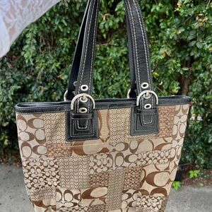 Vintage Coach Signature Patchwork Tote Brown & Tan MultiPattern Canvas & Leather